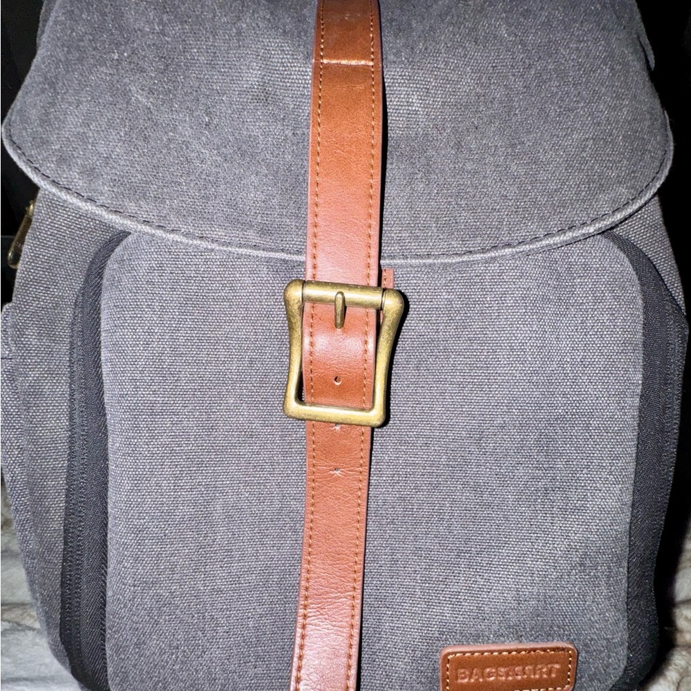 BAGSMART Gray Canvas Backpack with Brown Leather Strap by